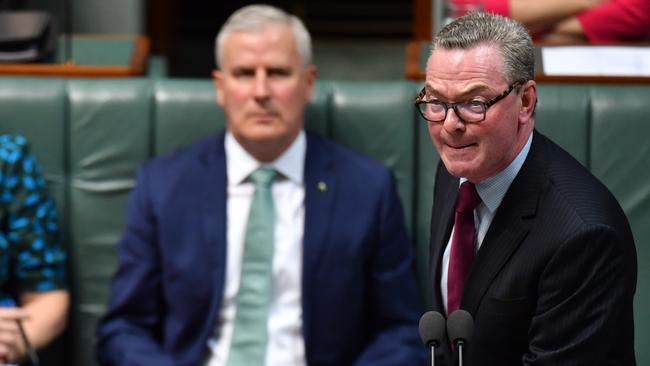 Christopher Pyne, right, on the attack during Question Time. Picture: Dean Lewins/AAP