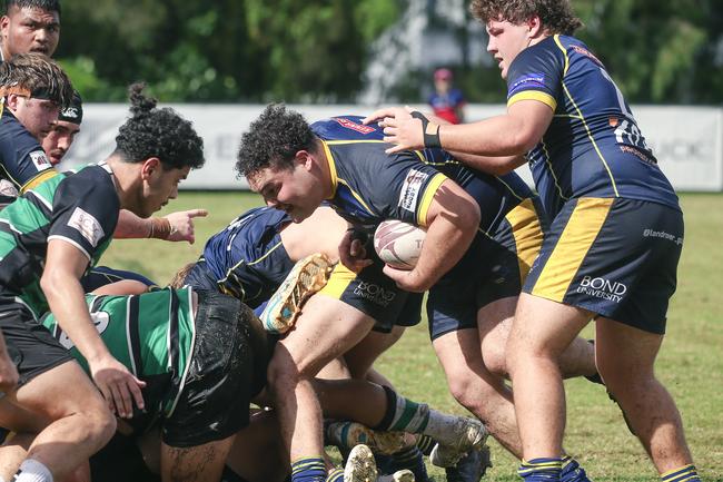 Jonah Rangiwai takes the ball forward alongside Blaze Moana (right). Bond University V Sunnybank at Bond University main oval.. Picture: Glenn Campbell
