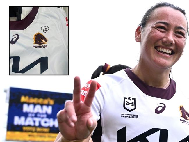 Toni Hunt + Broncos jersey. Picture: Supplied