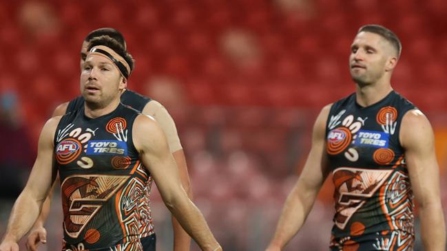 SYDNEY, AUSTRALIA - MAY 18: Sam Taylor of the Giants looks dejected during the round 10 AFL match between Greater Western Sydney Giants and Western Bulldogs at ENGIE Stadium on May 18, 2024 in Sydney, Australia. (Photo by Jason McCawley/AFL Photos/via Getty Images)