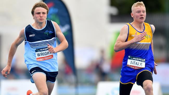 Jacob Wright (NSW) and Sebastian Neale (ACT) compete in the Boys U13 100m.