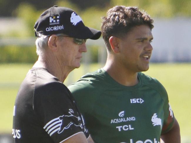 SUNDAY TELEGRAPH SPECIAL.  New South Sydney NRL signing Latrell Mitchell at a warm up session in Mudgee before the charity shield match. (L to R) Coach Wayne Bennett with Latrell Mitchell.