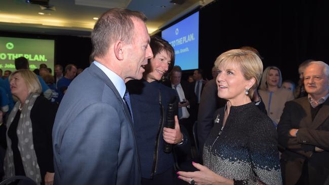 Former Australian PM Tony Abbott with former Australian foreign minister Julie Bishop. Picture: AAP