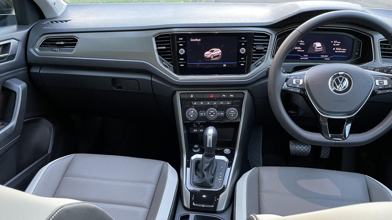 Inside the Volkswagen T-Roc 110TSI Style with the luxury package that includes heated seats, a panoramic sunroof and leather trim for $3800.