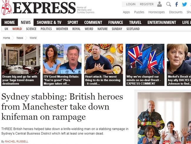 How Express in the UK reported the Sydney stabbing. Picture: Express