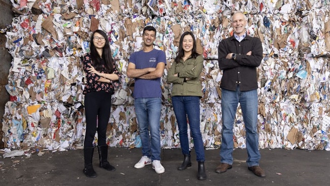 Glacier's Areeb Malik (second from left) visits a materials recovery facility in San Francisco with (from left) Phoebe Wang, Rebecca Hu, and Nick Ellis.