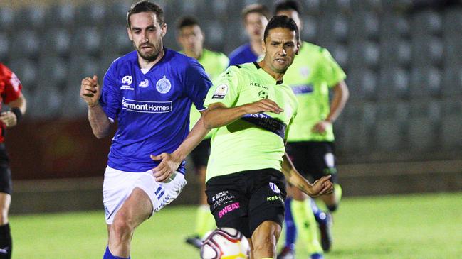 Marcelo Carrusca in action for West Adelaide against Adelaide Blue Eagles in the NPL in March. Picture: Joe Janko 