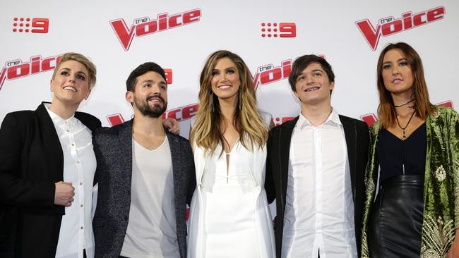 Team Delta: Kim Sheehy, Alfie Arcuri, Adam Ladell and Elle Murphy with Delta Goodrem. Picture: Jonathan Ng