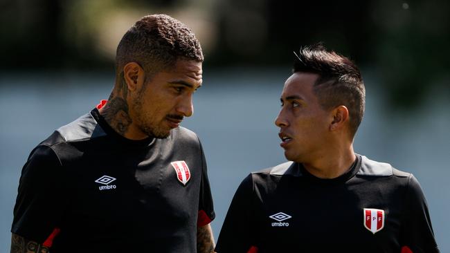 Peru skipper Paolo Guerrero (left) and midfielder Christian Cueva train ahead of tonight’s match against the Socceroos. Photo: AFP