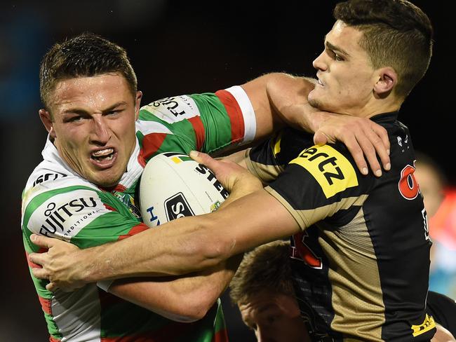 Sam Burgess scored two tries against the Panthers.