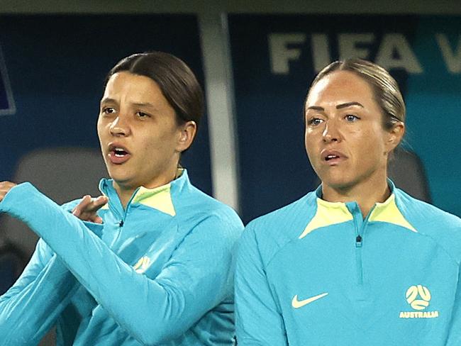 ***FEE APPLIES*** - Australia's Sam Kerr is out with a calf injury, picture with Kyah Simon during the FIFA WomenÃs World Cup match between Australia - MatildaÃs and Ireland at Stadium Australia, Sydney on July 20, 2023. Photo by Phil Hillyard(Image Supplied for Editorial & Social Media Use only - **NO ON SALES** - Â©Phil Hillyard )