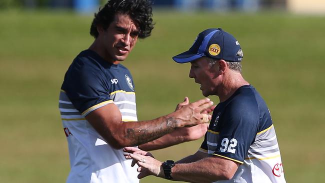 The NNorth Queensland Cowboys National Rugby League (NRL) team train at Barlow Park, Cairns, ahead of their pre season match against the Gold Coast Titans on February 21. Photo of (L-R) Cowboys co captain Johnathan Thurston and head coach Paul Green. Picture: Brendan Radke.