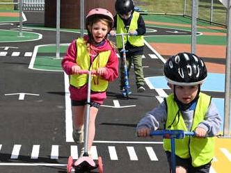 Local kindergarteners try out the Railway Lands' new Learn to Ride mini streetscape. Picture: City of Mount Gambier.