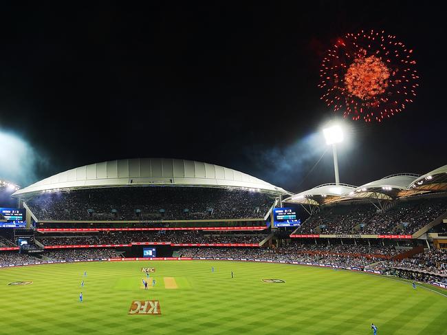 The iconic New Year’s Eve game at Adelaide Oval will return on December 31, this year as part of the ninth season of the BBL. This photo shows fireworks from the 2017 game. Picture: DANIEL KALISZ/GETTY IMAGES