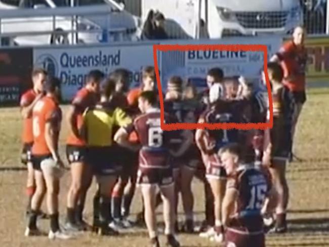 The alleged king hit incident from Burleigh Bears v Mudgeeraba Redbacks, where Lorenzo Ma'afu allegedly struck Jordon Scott. Picture: Bar TV / Rugby League Gold Coast