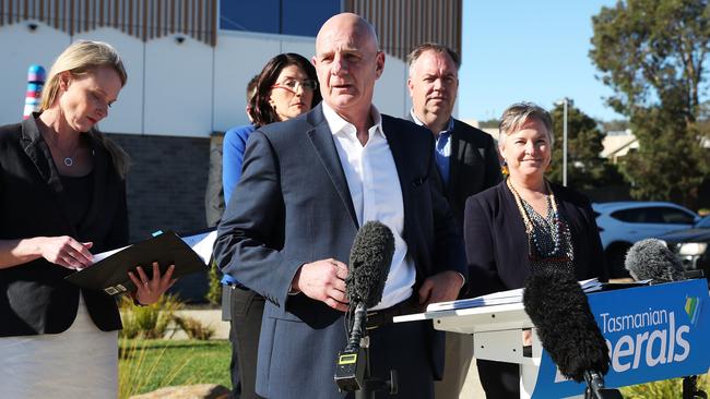 Premier Peter Gutwein and Sarah Health Minister Courtney, left, announce the Liberals southern health policy at Kingston. Picture: Nikki Davis-Jones