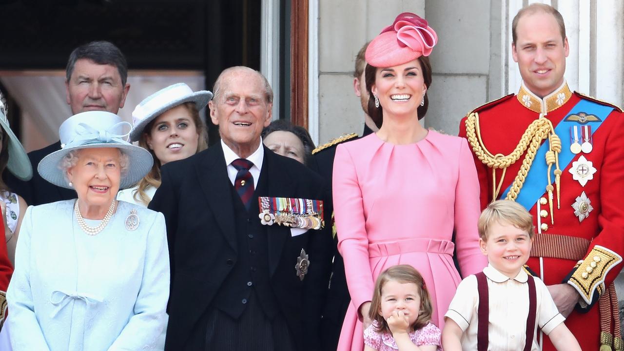 Queen Elizabeth II with Prince Philip, Kate, William, Charlotte and George during the Trooping the Colour parade in 2017. Picture: Chris Jackson/Getty Images