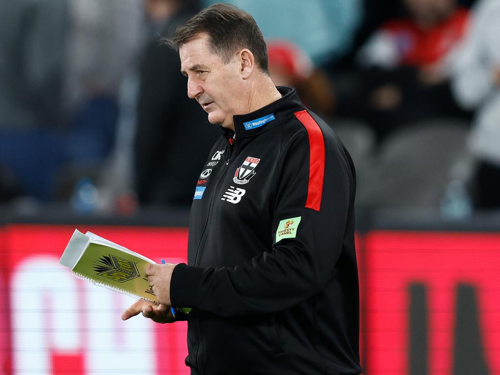 MELBOURNE, AUSTRALIA - MAY 04: Ross Lyon, Senior Coach of the Saints looks on during the 2024 AFL Round 08 match between the St Kilda Saints and the North Melbourne Kangaroos at Marvel Stadium on May 04, 2024 in Melbourne, Australia. (Photo by Michael Willson/AFL Photos via Getty Images)