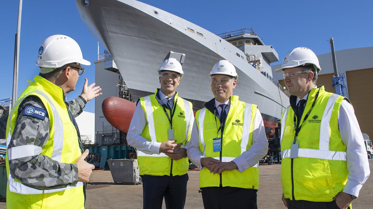 Minister Richard Marles on tour at the Osborne shipyard with Premier Peter Malinauskas and Hon Mark Butler guided by Commodore Steve Tiffen. Picture: Mark Brake