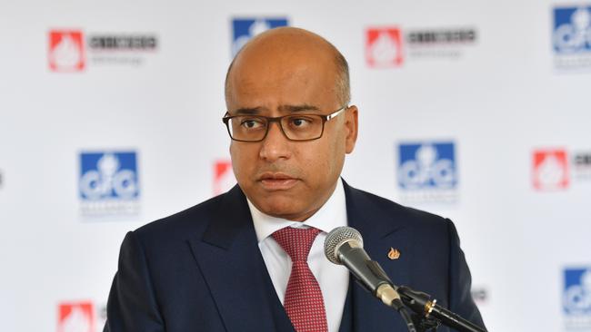 Executive chairman of GFG Alliance Sanjeev Gupta speaks to the media at the Cultana Solar Farm site near Whyalla.