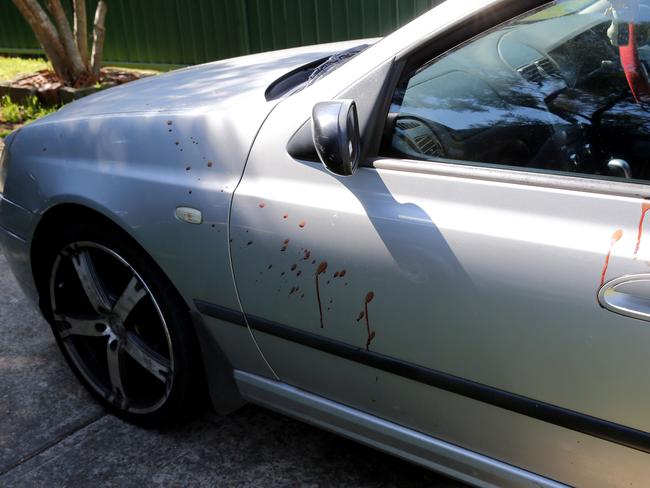 Sivei Ah Chong’s car covered with the victim’s blood after Saturday’s attack.