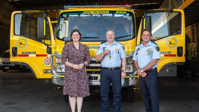 Fire and Disaster Recovery Minister Nikki Boyd hands over a 1,200-litre capacity, dual cab medium attack appliance to the Bluewater Rural Fire Brigade. Picture: Monique Gordon.