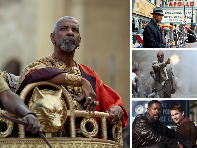 Denzel Washington plays Macrinus in Gladiator II from Paramount Pictures; in Malcolm X; in a scene from Man on Fire; in Training Day with Ethan Hawke.