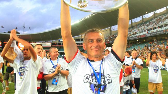 Newcastle Jets coach Gary van Egmond celebrates the grand final win in 2008.