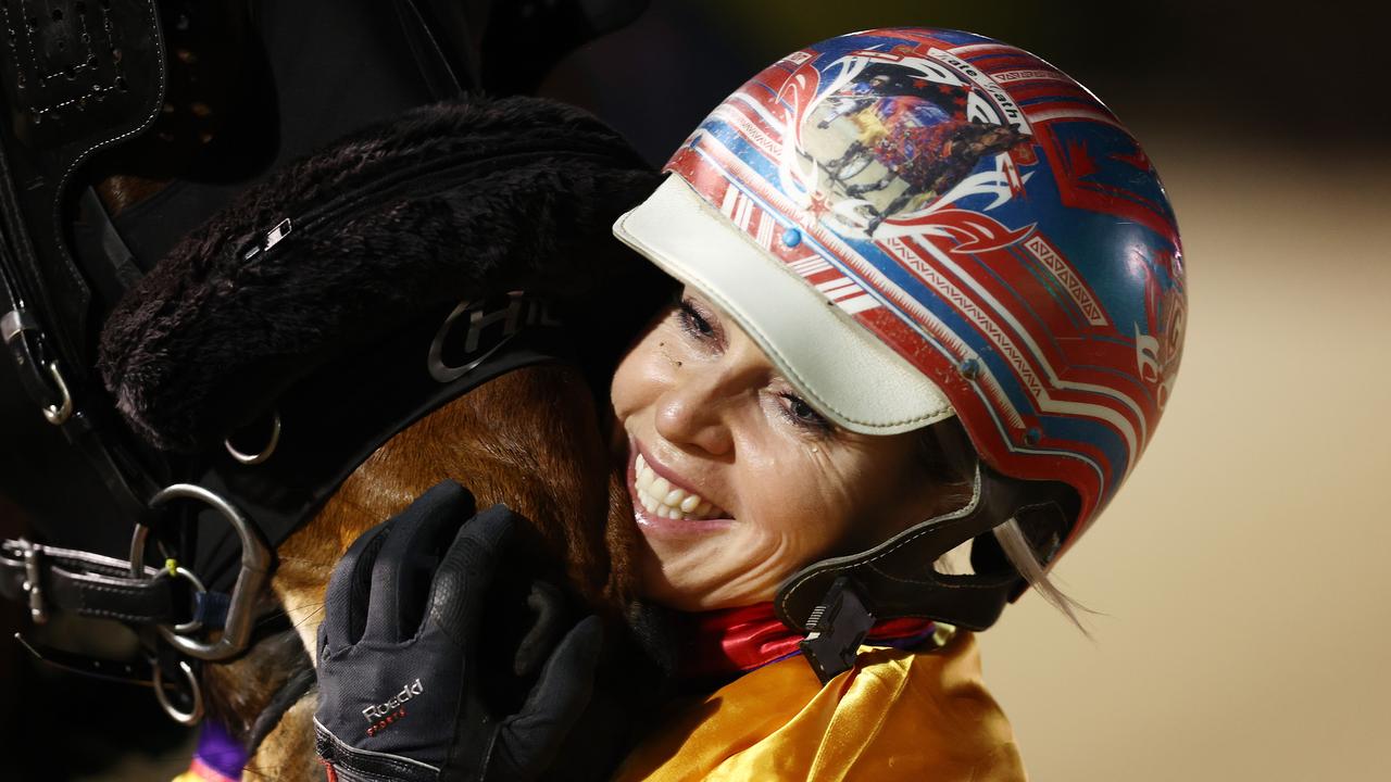 Kate Gath celebrates driving Catch A Wave to victory at Menangle in September. Picture: Jason McCawley / Getty Images for Club Menangle