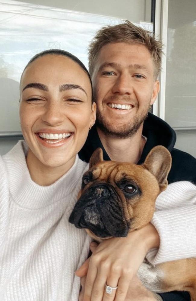 Tayla Damir shows off her sparkling diamond ring after Nathan Broad proposed to her. Picture: Instagram