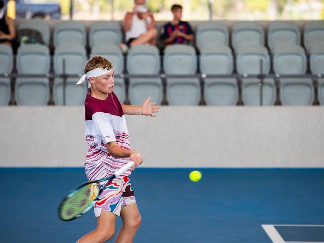 Cruz Hewitt (AUS) in action during the second round of qualifying at the Darwin International Pro Tour, Darwin International Tennis Centre, Darwin. Picture: Pema Tamang Pakhrin.