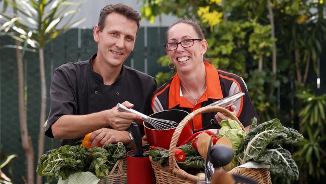 Quigley Night Shelter chef Regan Dorain and Cairns Cooking School chef Catherine Pacey with some of the ingredients they used at the the Cairns Alliance of Social Services, Budget Bites challenge PICTURE: ANNA ROGERS