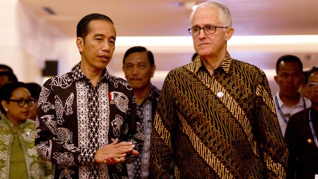 Indonesia President Joko "Jokowi" Widodo with Australia former Prime Minister Malcolm Turnbull during their bilateral meeting at Our Ocean Conference in Bali. Picture: AP Photo/Firdia Lisnawati