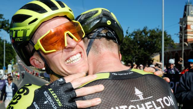 Cameron Meyer is congratulated by his teammates after winning the national title. Picture: Con Chronis.