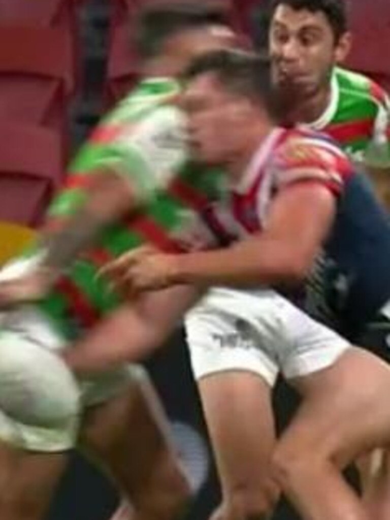 Roosters fans enjoyed reminding Latrell Mitchell of this ugly shot on Joey Manu.