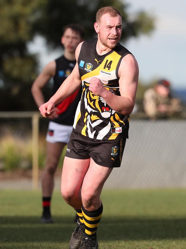 Marcus Gardner celebrates after kicking a goal for the Tigers. Picture: Nikki Davis-Jones