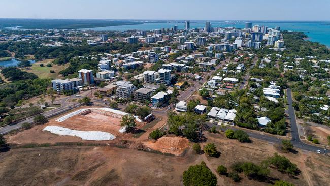 A new playground is being built in Larrakeyah. The current job site is a large hole and piles of dirt. Picture: Che Chorley