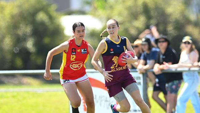 Mia Geere playing for the Lions. (Photo by Albert Perez/AFL Photos via Getty Images)