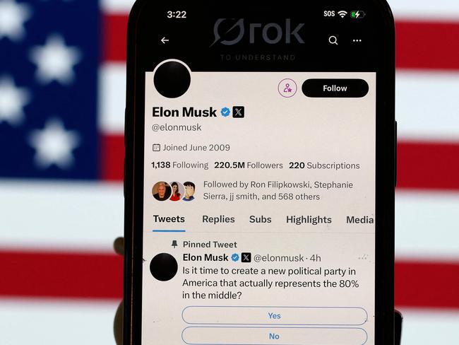 One of the many social media posts by Tesla and SpaceX CEO Elon Musk displayed on a smartphone in San Anselmo, California. Picture: Getty Images via AFP