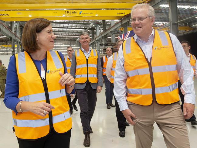 Brisbane, AUSTRALIA - NewsWire Photos October 11, 2020: Queenalnd opposition leader Deb Frecklington and Prime Minister Scott Morrison attend the official opening of the Rheinmetall Military Vehicle Centre of Excellence. The defence technology company in Redbank will create more jobs for Queensland. Picture: NCA NewsWire / Sarah Marshall