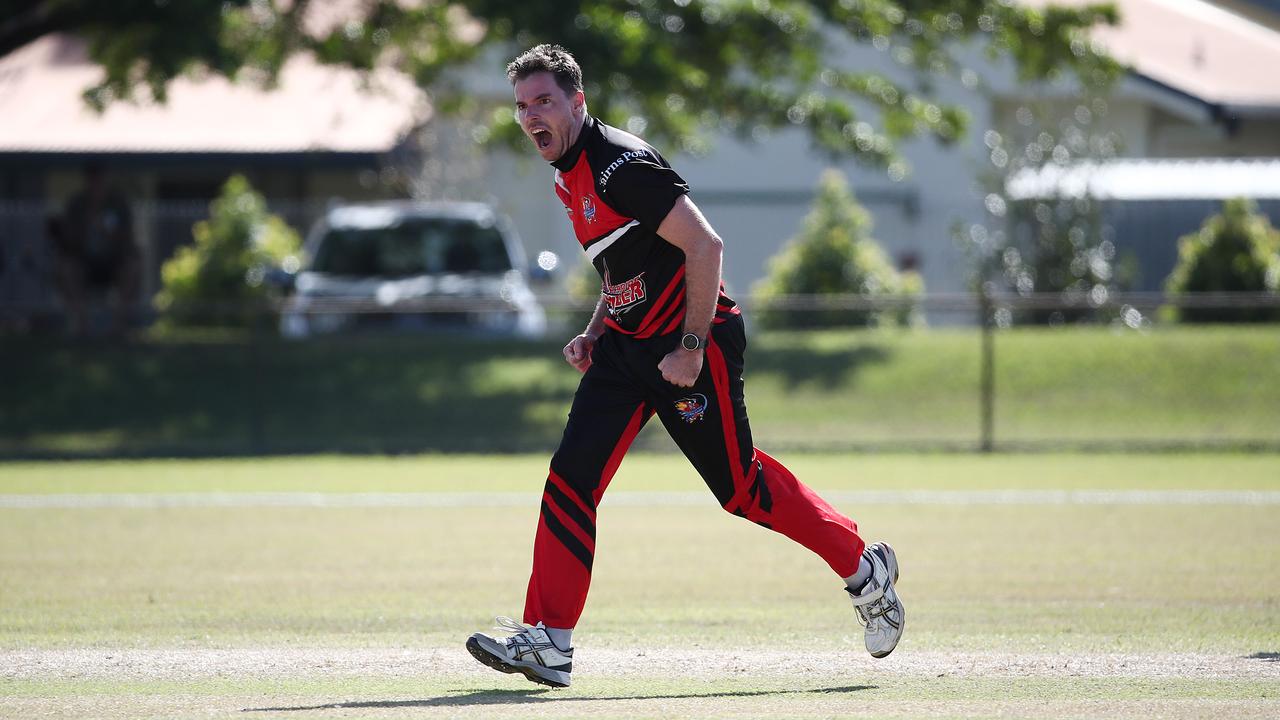 Thunder's Jordan Fulton celebrates Tajinder Vicki Kumar being caught out in the Barrier Reef Big Bash elimination final match between the Twomey Schriber Thunder and the Designer First Homes Dare Devils, held at Griffiths Park, Manunda. Picture: Brendan Radke