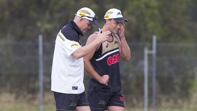 Coach Anthony Griffin chats with Matt Moylan. File photo