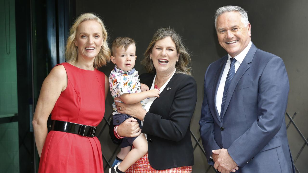 Good Friday Appeal executive director Rebecca Cowan, HWT and Good Friday Appeal chairman Penny Fowler, Malu Hunt, 2, the face of the appeal, and Channel 7 news reader Peter Mitchell. Picture: David Caird