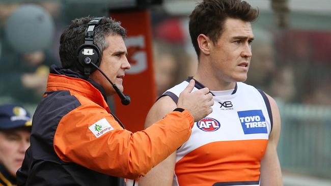 Leon Cameron talks to Jeremy Cameron on the bench. Picture: Michael Klein