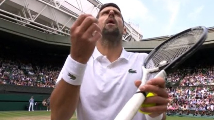 Novak Djokovic complains to the chair umpire.