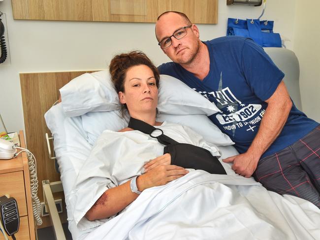 Michelle Nash is recovering in a rehabilitation facility with the comfort of her partner Brad Nash. Picture: Tony Gough