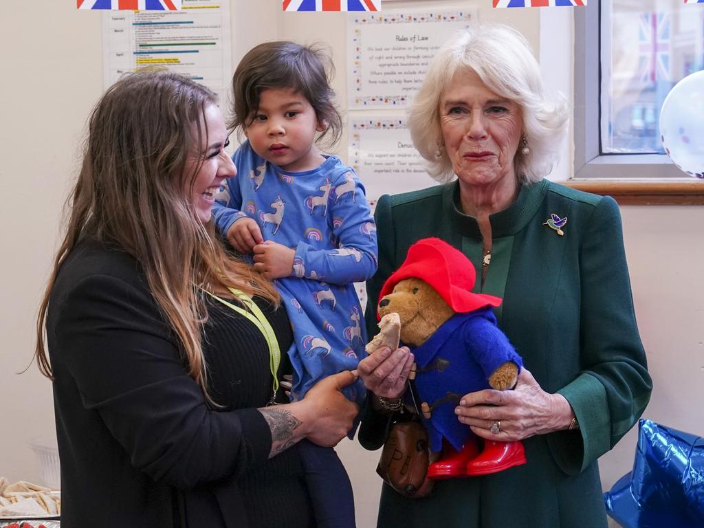 Camilla, Queen Consort attends a special teddy bears picnic at a Barnardo's Nursery in Bow in London, England. Picture: Getty Images.