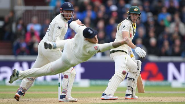 England slip fielder Ben Stokes dives in vain for an edge from Marnus Labuschagne. Picture: Getty Images