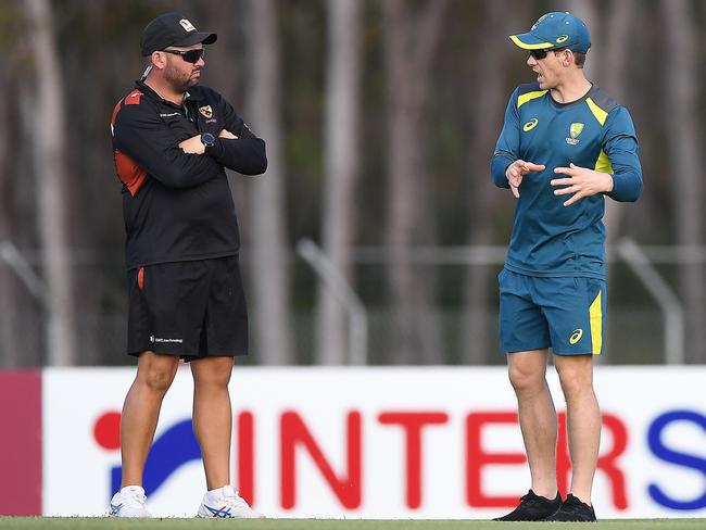 Tim Paine (right) relished his assistant coach duties for a Cricket Australia XI outfit against NT Strike in the Chamber Top End Series. Picture: Felicity Elliott