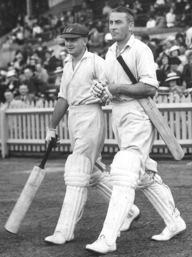 The captain of Scotch’s greatest team, Victor Richardson (right), walking out to bat for Australia with Stan McCabe (left) in 1937.